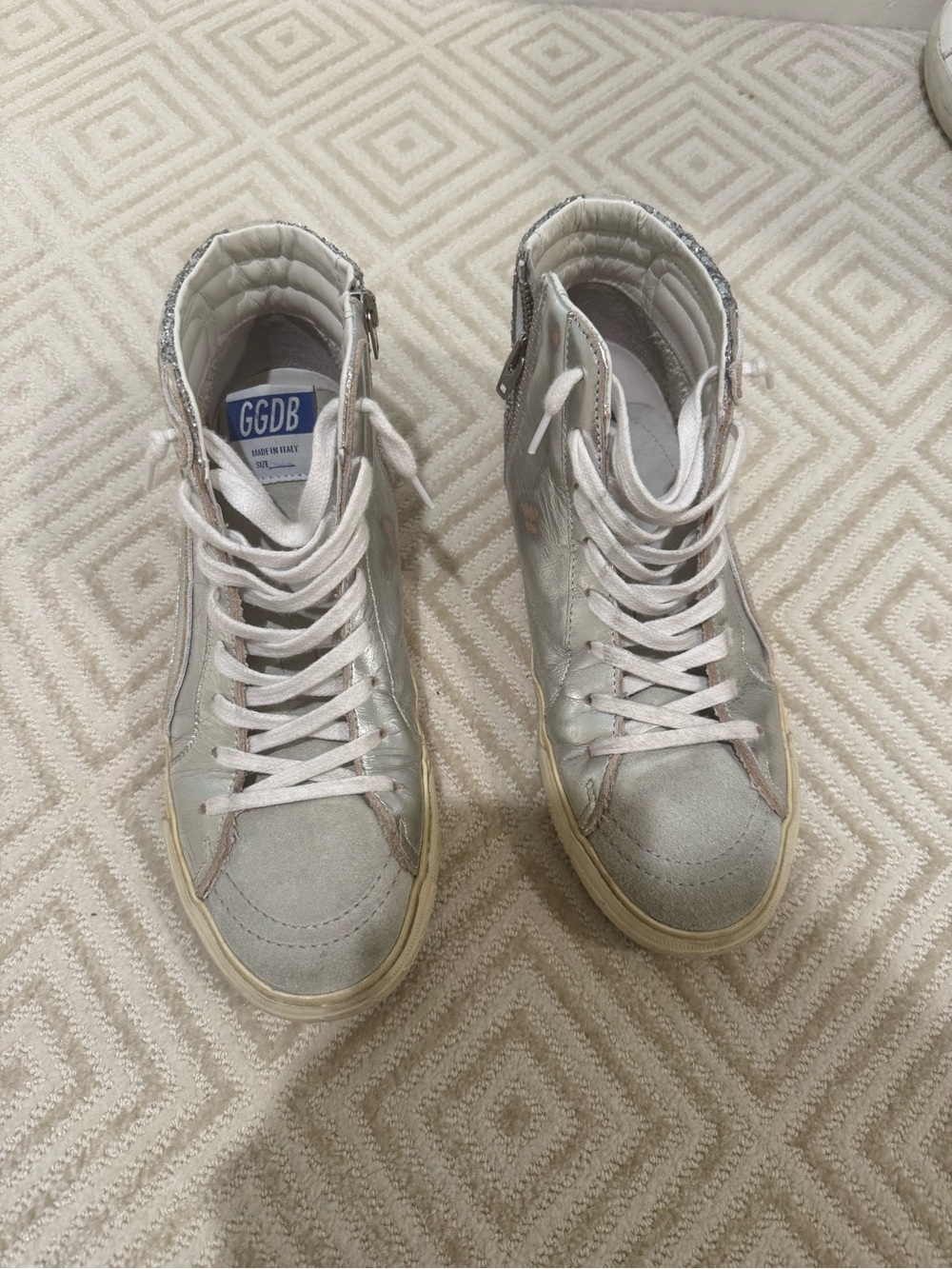 Golden Goose Silver & Cream High-Top Sneakers with Glitter Heel - Picture 6 of 7
